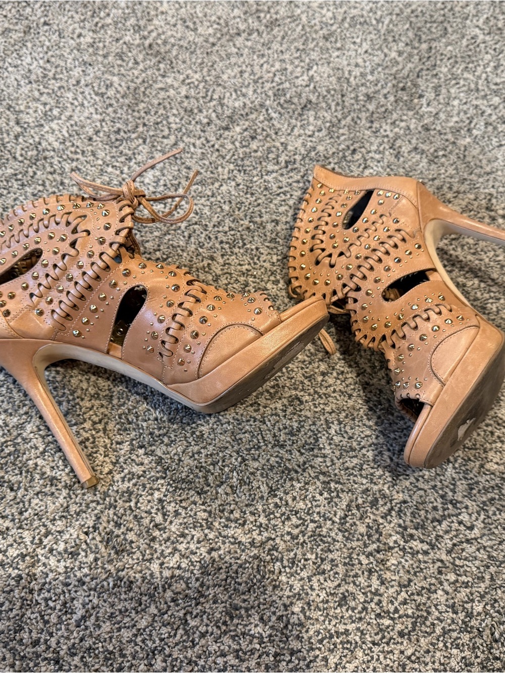 Sam Edelman Tan Lace-Up Cutout Studded High-Heel Sandals - Picture 3 of 5